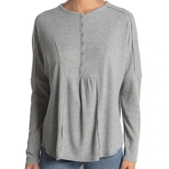 New Gibson Look XS Gray Dolman Mixed Rib Waffle Knit Henley Top NWT - Picture 1 of 1